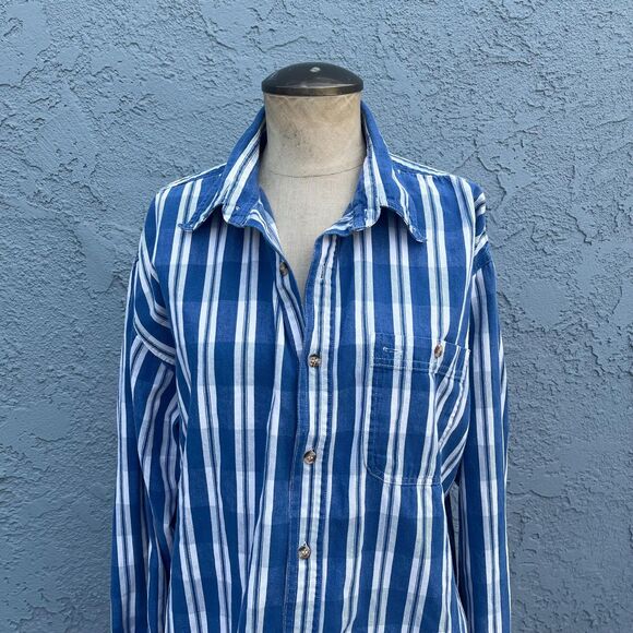 Vintage Cotton Shirt in Mens Large Blue Plaid 90s button down - Picture 3 of 11